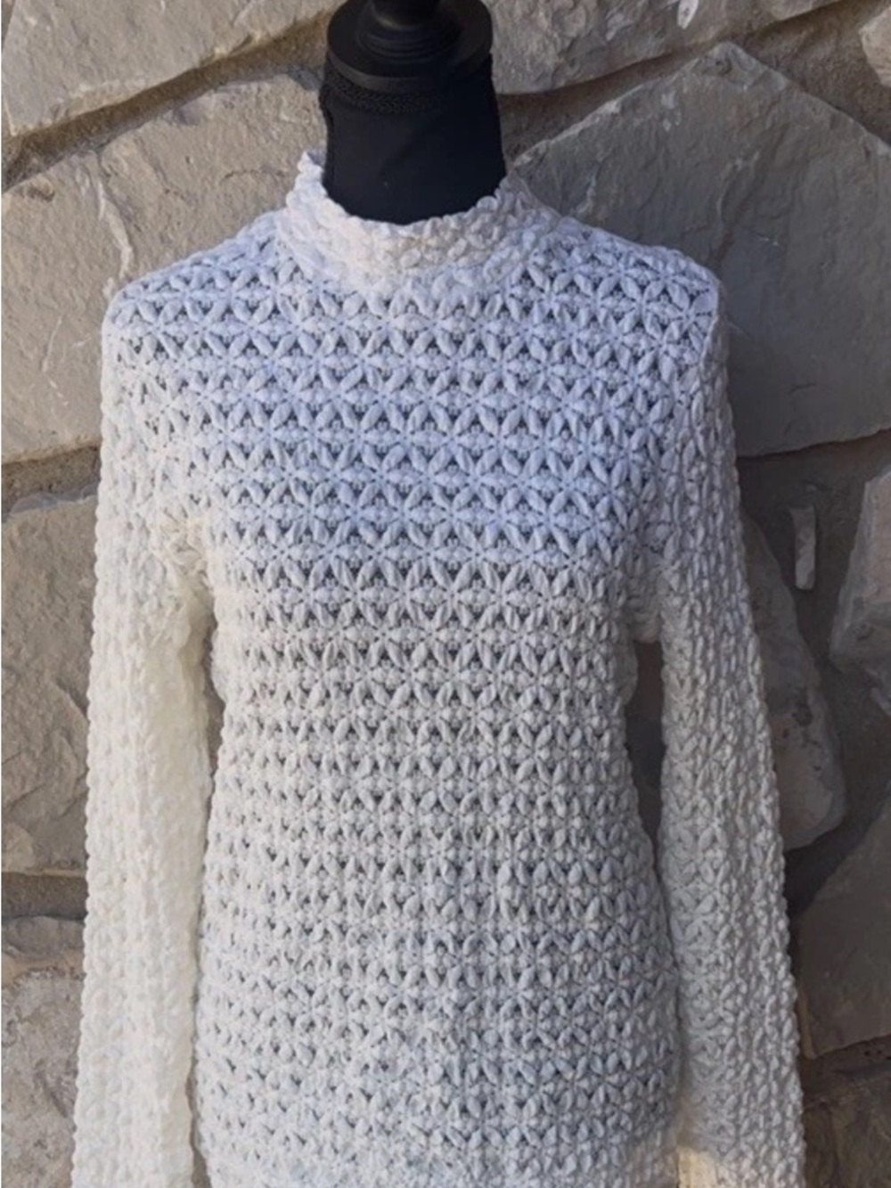 CHARLIE B COLLECTION Lace Top Medium Ivory Long Slv Mock Neck Popcorn Stretch